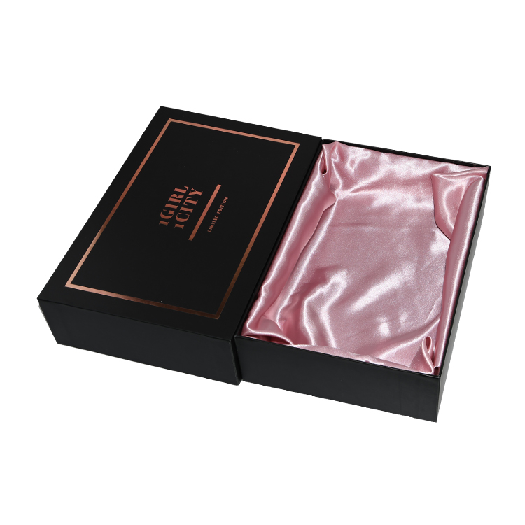 Lid and Base Gift Box with Satin Holder and Rose Gold Hot Foil Stamping Logo for Lingerie Packaging