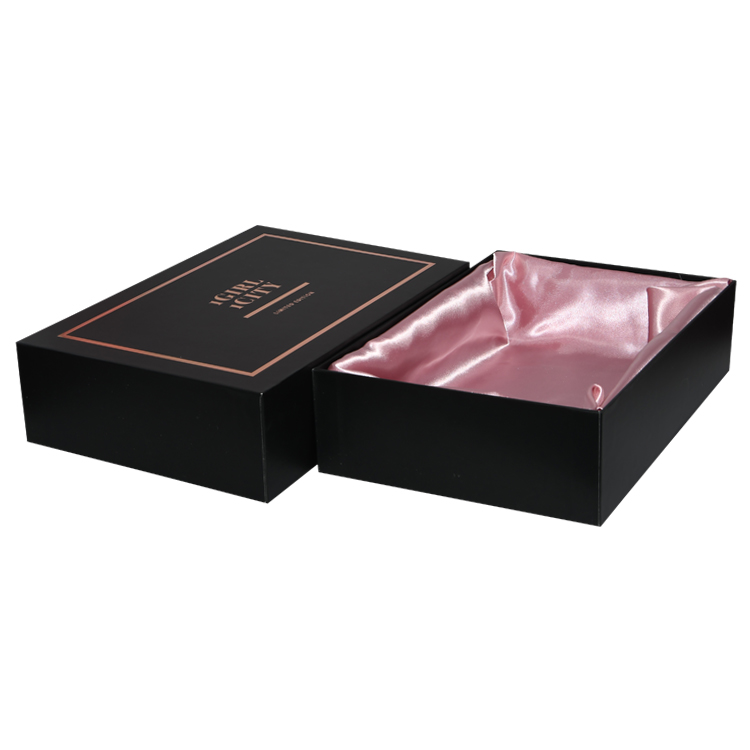 Lid and Base Gift Box with Satin Holder and Rose Gold Hot Foil Stamping Logo for Lingerie Packaging  