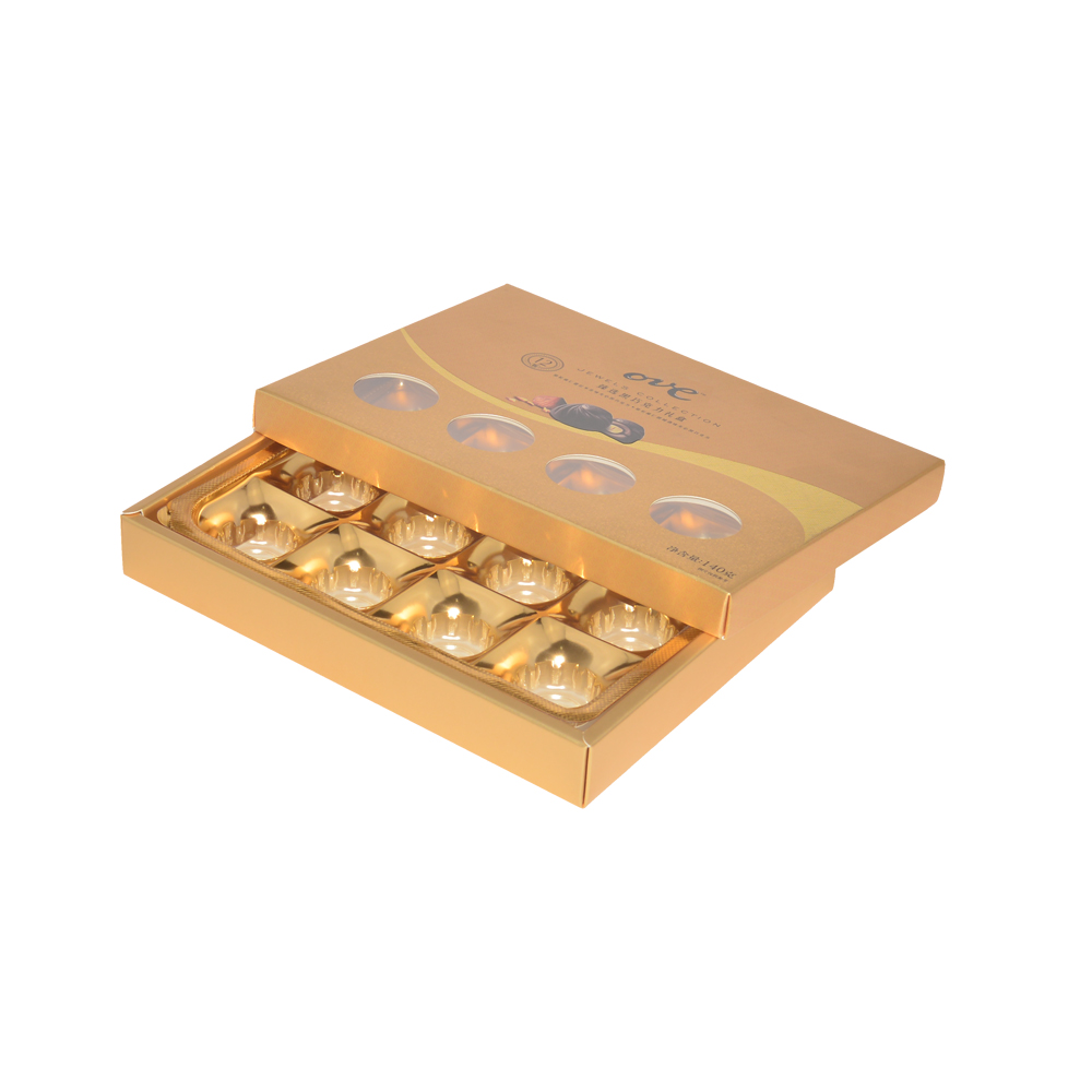  OEM High Quality Gold Cardboard Paper Gift Box for Chocolate Packaging with Clear Window and Plastic Tray  