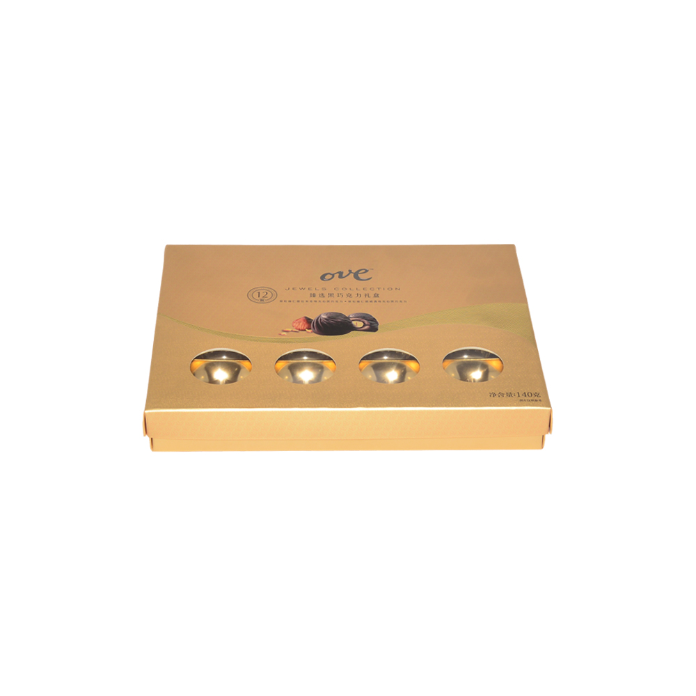 OEM Hochwertige Geschenkbox aus Goldkartonpapier für Schokoladenverpackungen mit klarem Fenster und Kunststoffschale  