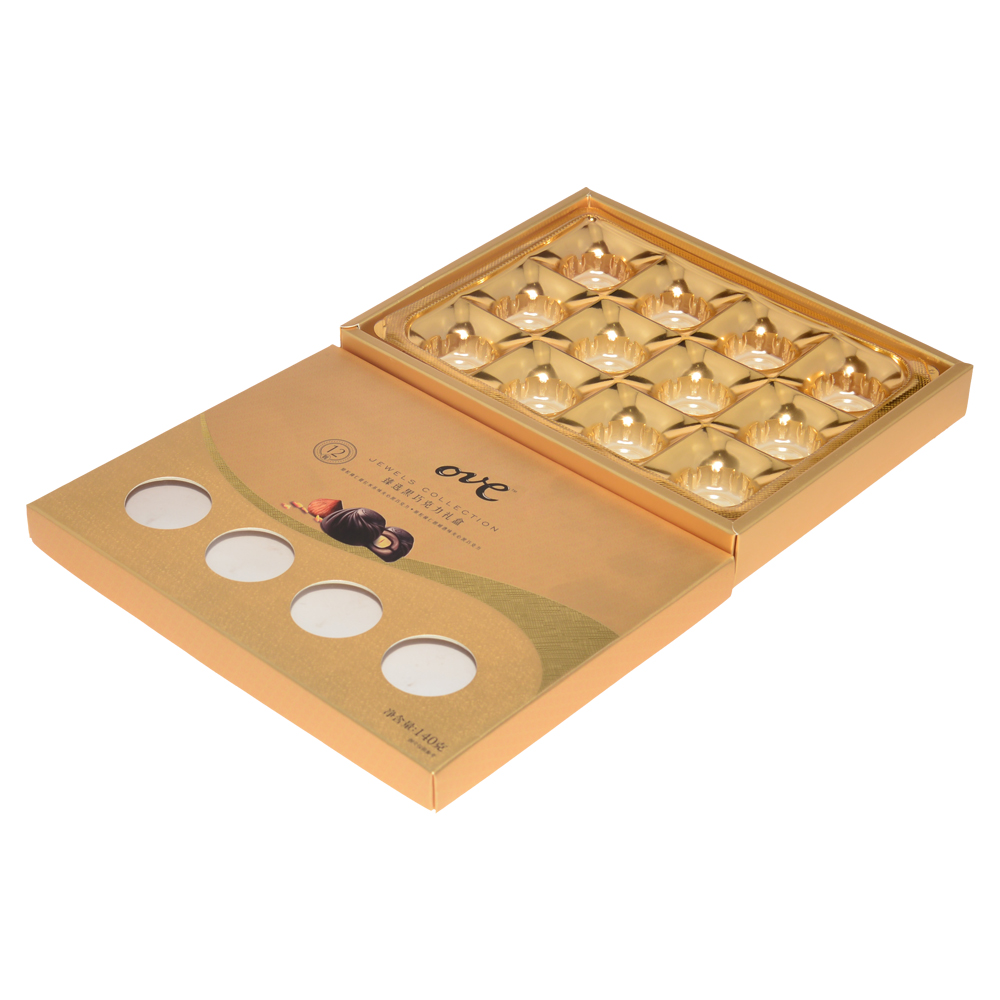 Подарочная коробка из золотого картона высокого качества OEM для упаковки шоколада с прозрачным окном и пластиковым лотком