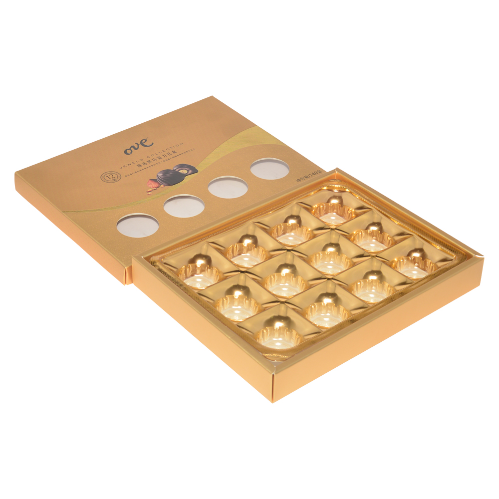 Confezione regalo in carta cartone oro di alta qualità OEM per confezioni di cioccolato con finestra trasparente e vassoio in plastica  