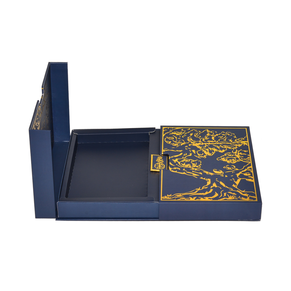 Confezione regalo in cartone con doppia porta aperta di colore blu navy di lusso con stampa a caldo in oro pieno  
