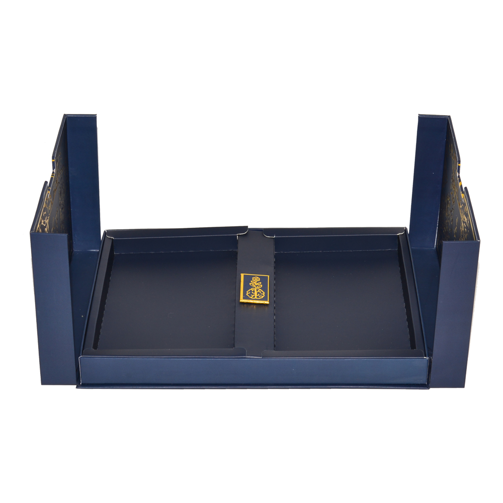  Boîte-cadeau de luxe de couleur bleu marine à doubles portes ouvertes en carton d'emballage avec estampage à chaud en or complet  