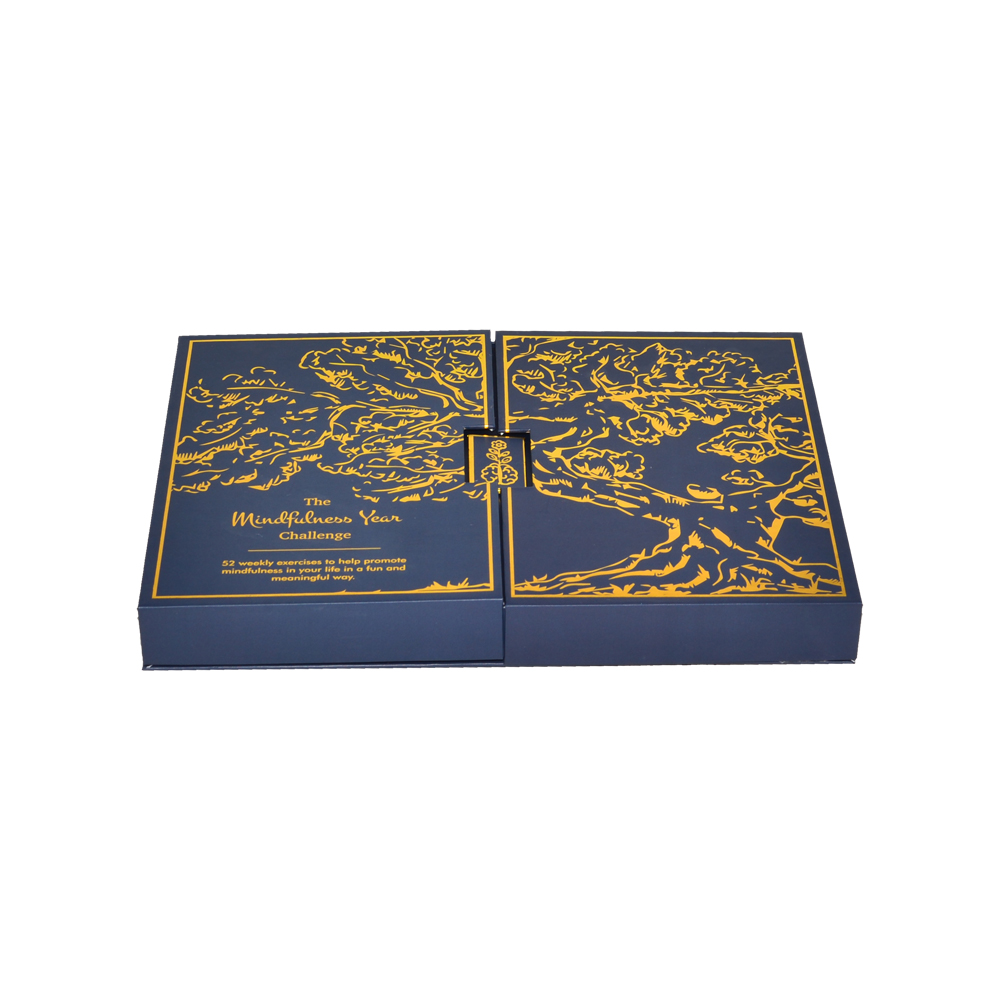 Caja de regalo de embalaje de cartón abierta con puertas dobles de color azul marino de lujo con estampado en caliente de oro completo