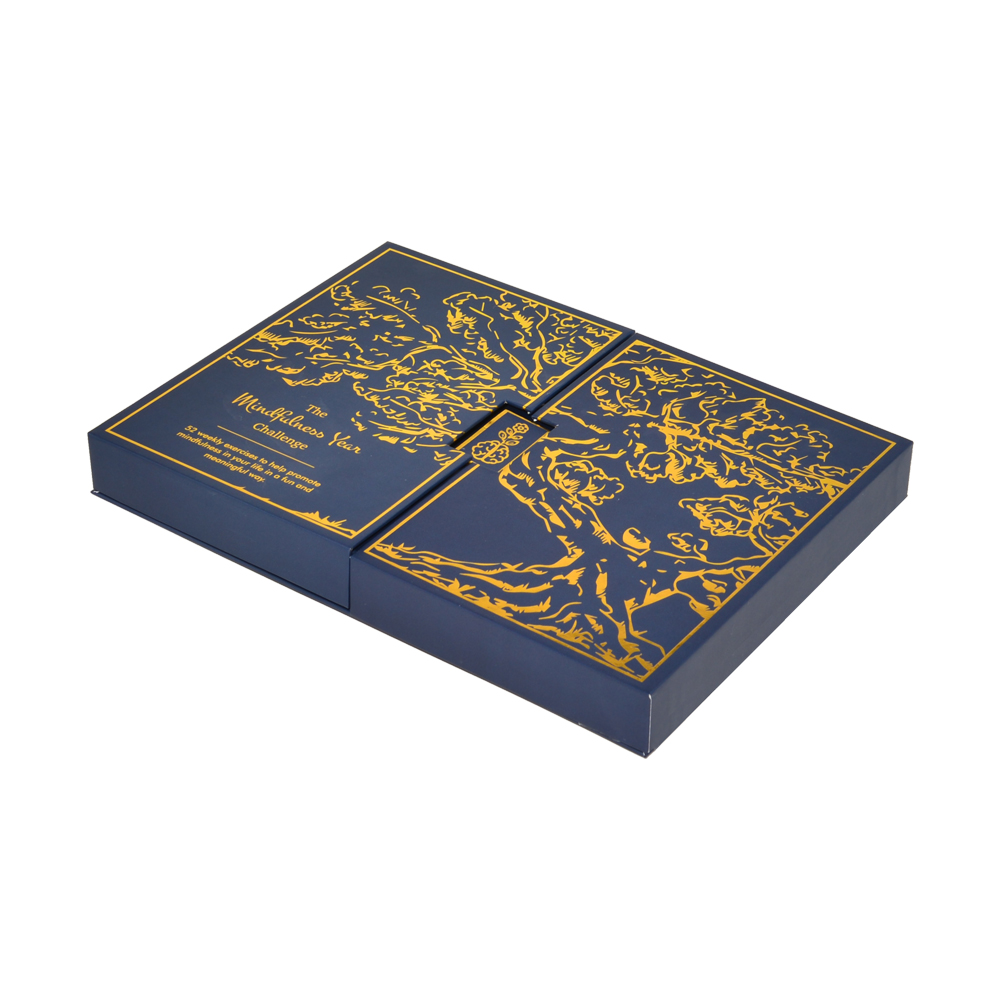  Luxury Navy Blue Farbe Doppeltüren Open Cardboard Packaging Geschenkbox mit Full Gold Hot Foil Stamping  