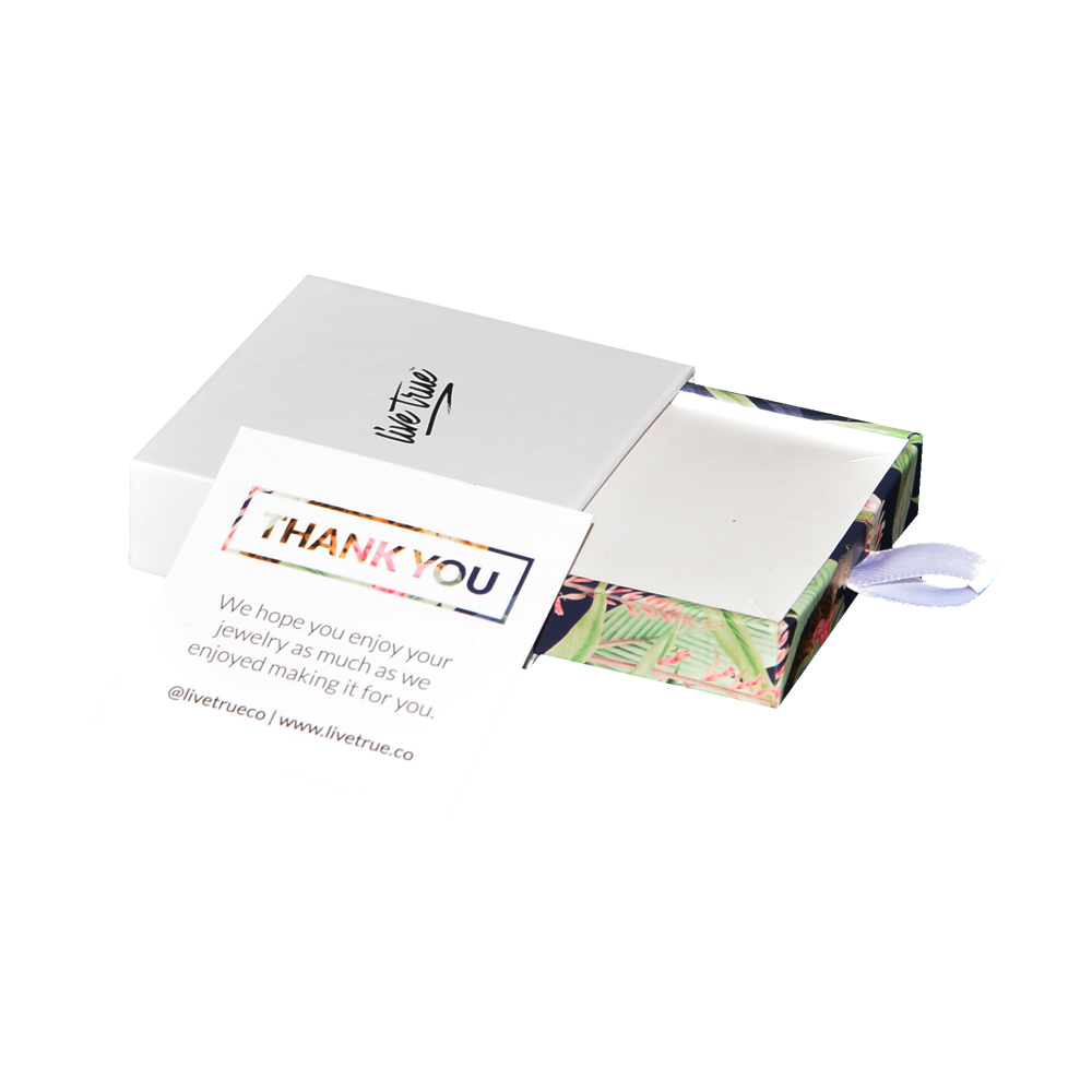  Роскошная оптовая выдвижная открытая бумажная коробка для упаковки ювелирных изделий с карточкой благодарности и картонным держателем  