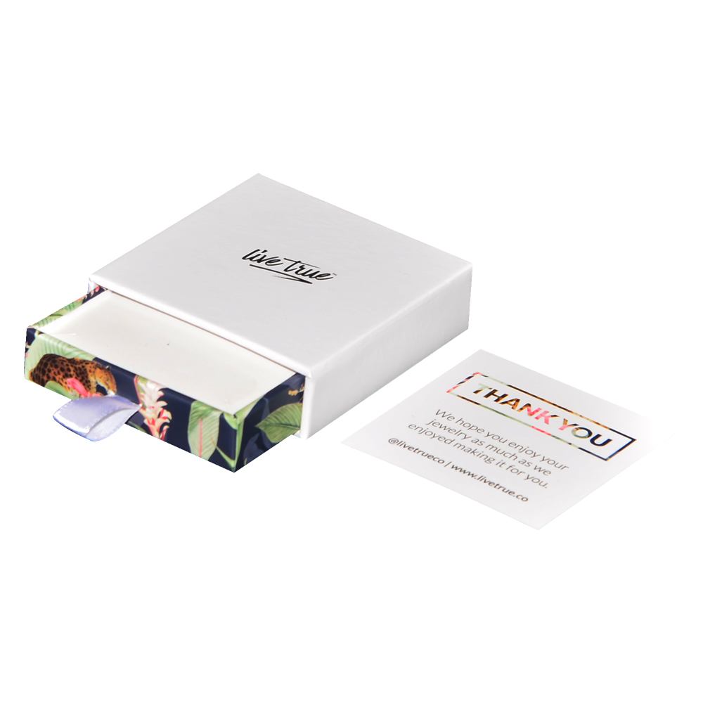 Caixa de papel deslizante aberta de luxo para embalagem de joias com cartão de agradecimento e suporte para cartão