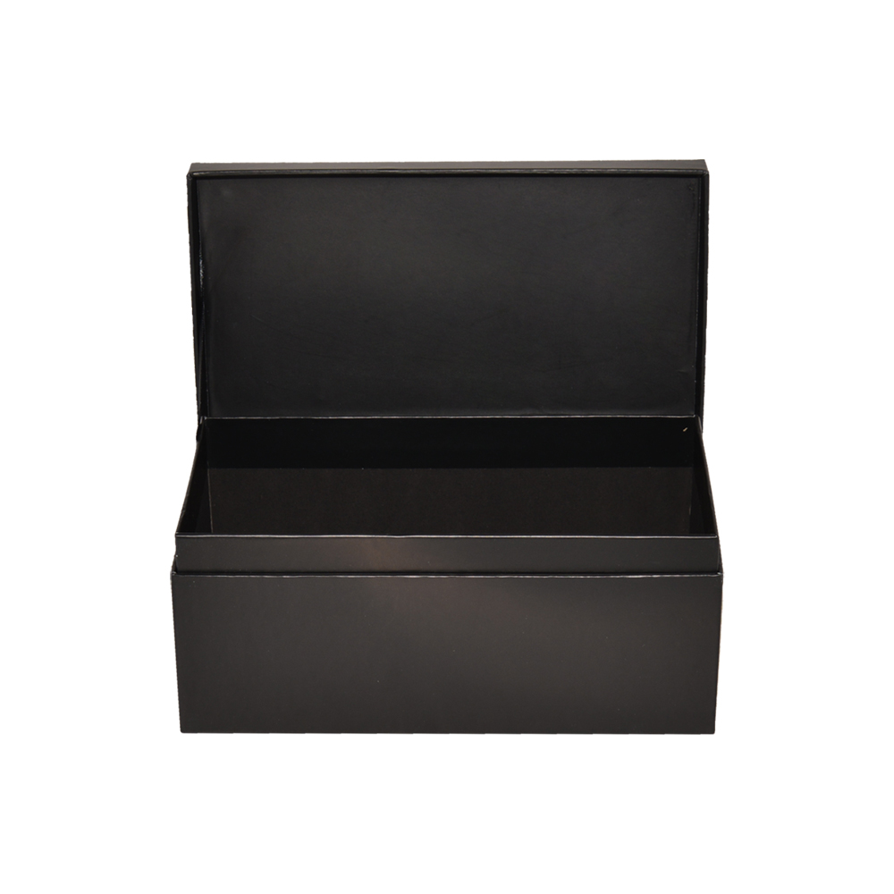 Confezione regalo a conchiglia in cartone nero per confezione di souvenir per l'anniversario con logo stampato a caldo in argento  