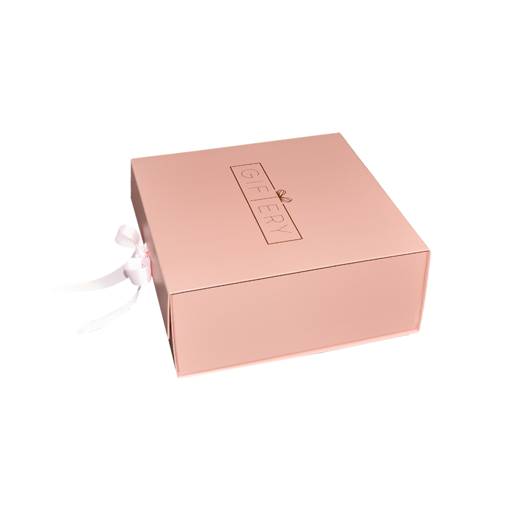 Scatole regalo pieghevoli grandi rosa pallido di lusso all'ingrosso con nastro intercambiabile e logo stampato a caldo  