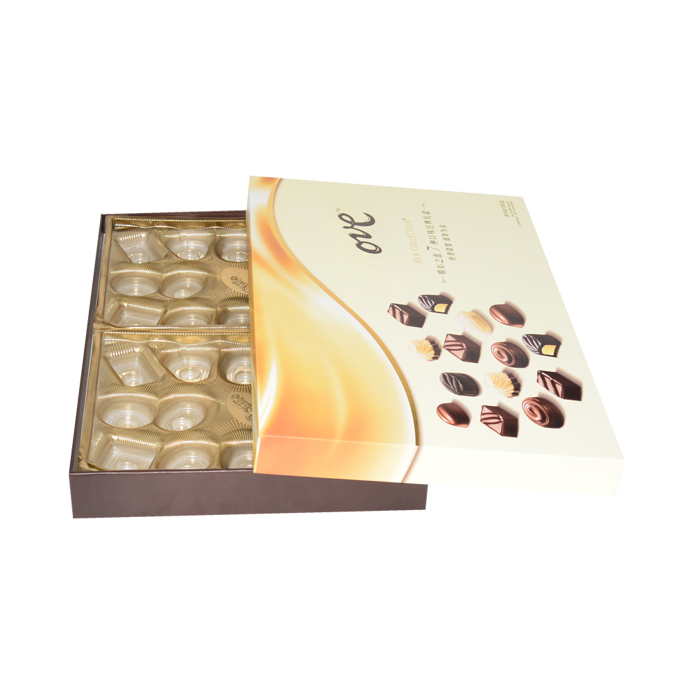 Wholesale Recycled Luxury Chocolate Packaging Lid and Base Gift Box with Custom Printing and Gold Plastic Tray  