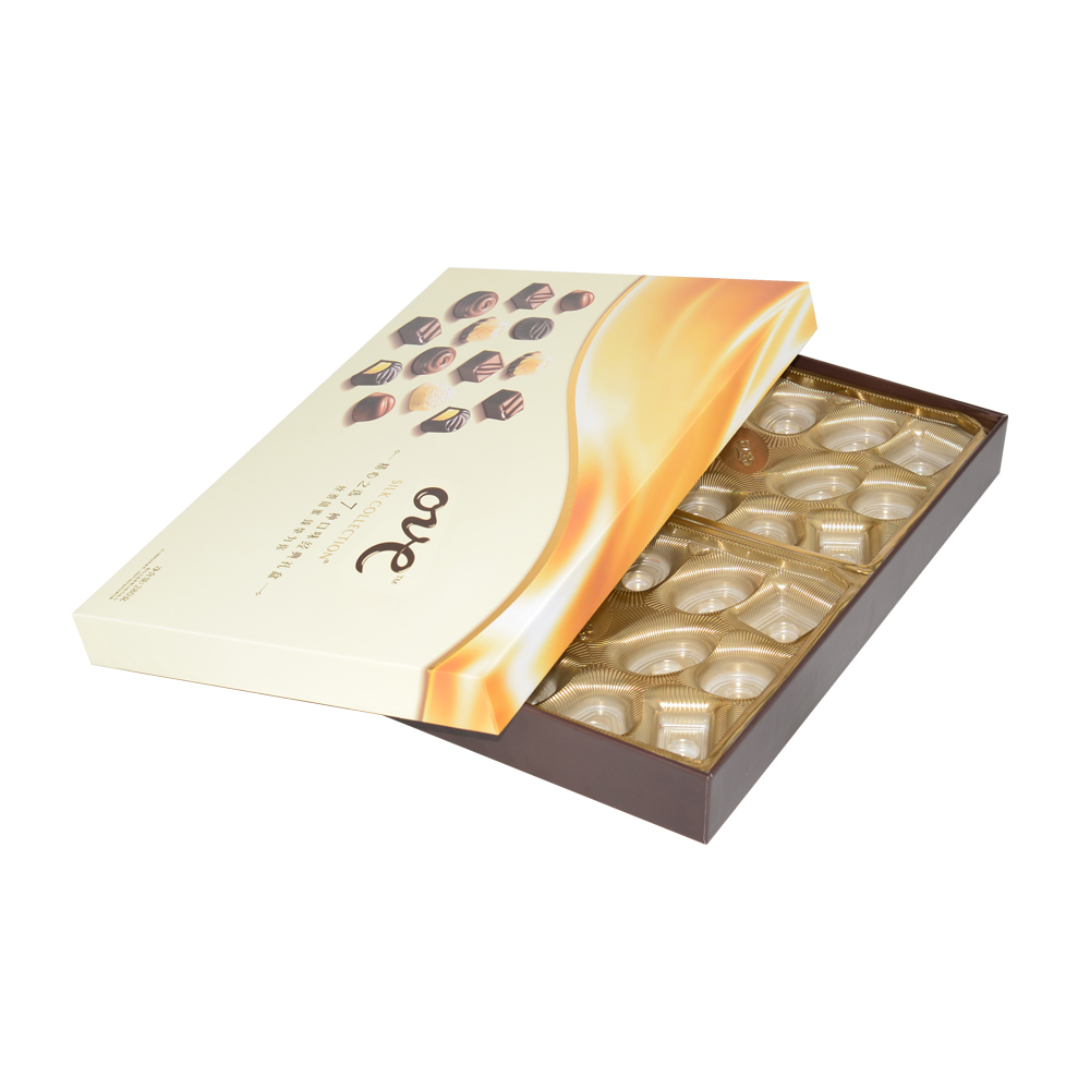 Wholesale Recycled Luxury Chocolate Packaging Lid and Base Gift Box with Custom Printing and Gold Plastic Tray