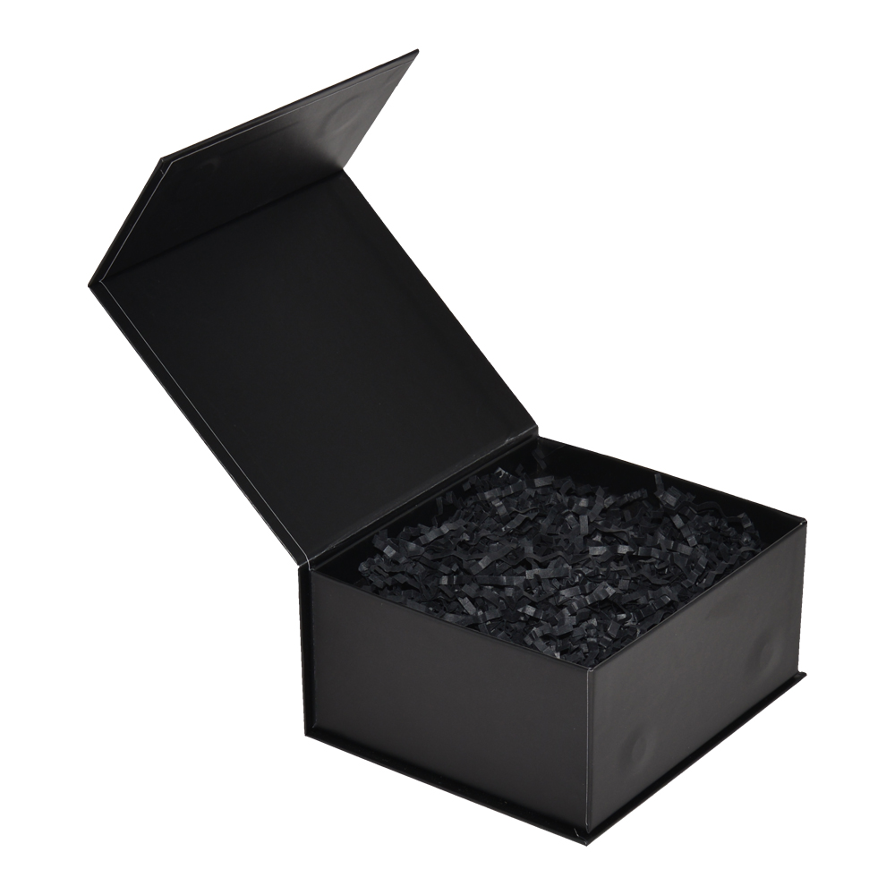 Elegant Matte Black Rigid Magnetic Closure Gift Box with Shredded Tissue Paper Holder for Cosmetics Packaging  