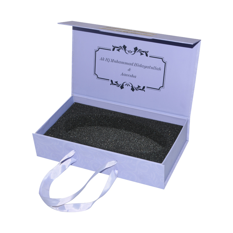 Custom Luxury Rigid Cardboard Magnetic Lid Box Paper Packaging Gift Box with Silk Ribbon Handle and Foam Holder  