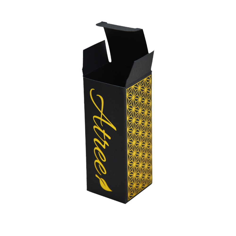 Caja de cartón plegable personalizada, caja de cartón negra para envasado de aceite Morinaga con patrón de estampado en caliente dorado