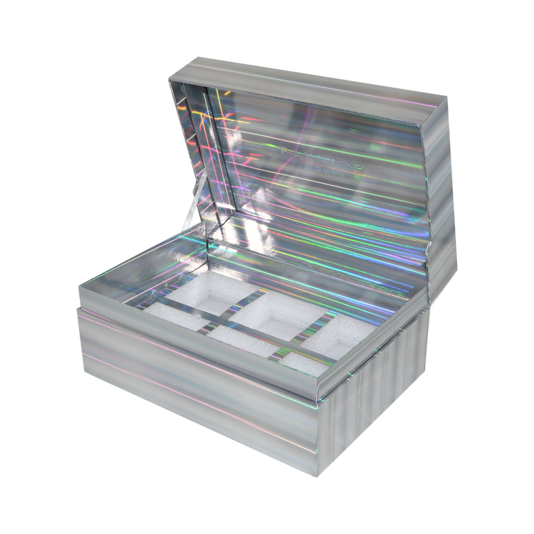  Geschenkbox aus holografischem Clamshell-Karton, schillernde Verpackungsbox mit Schaumstoffhalter und geprägtem Logo  