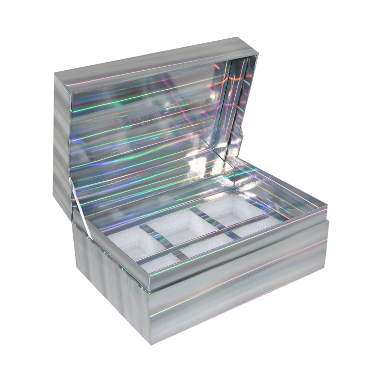 Caixa de presente de papelão holográfica em concha, caixa de embalagem iridescente com suporte de espuma e logotipo em relevo