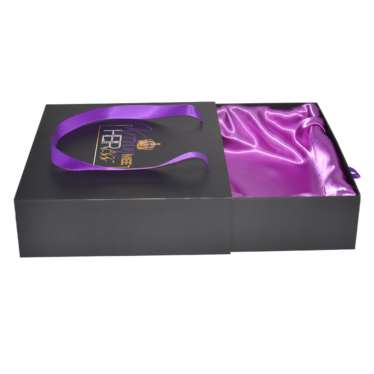 Scatole di estensione dei capelli personalizzate, scatola scorrevole di carta con vassoio in raso e nastro di seta per confezioni di parrucche di lusso  