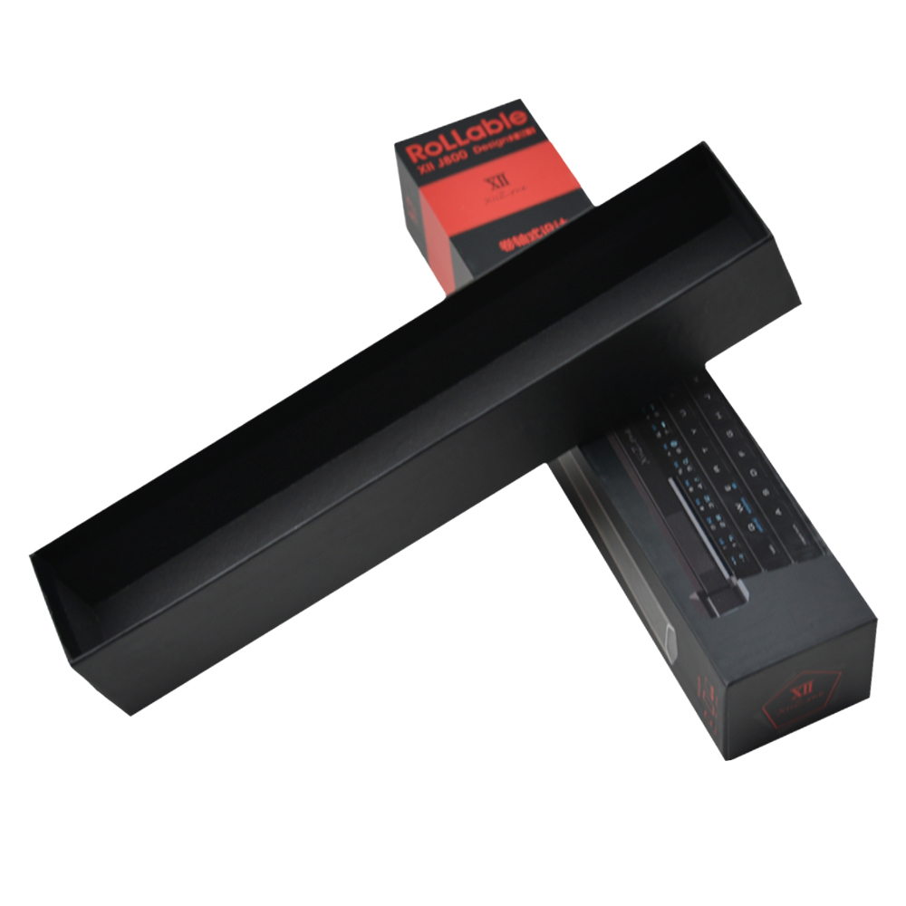 صندوق تغليف درج ورق أسود ضيق طويل بشعار مخصص لتغليف لوحة المفاتيح مع شعار UV الموضعي  