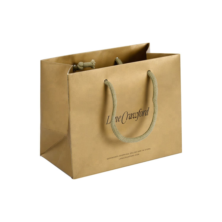Bolsas de papel doradas impresas personalizadas con asa torcida, bolsas de regalo decorativas de cartón dorado metálico
