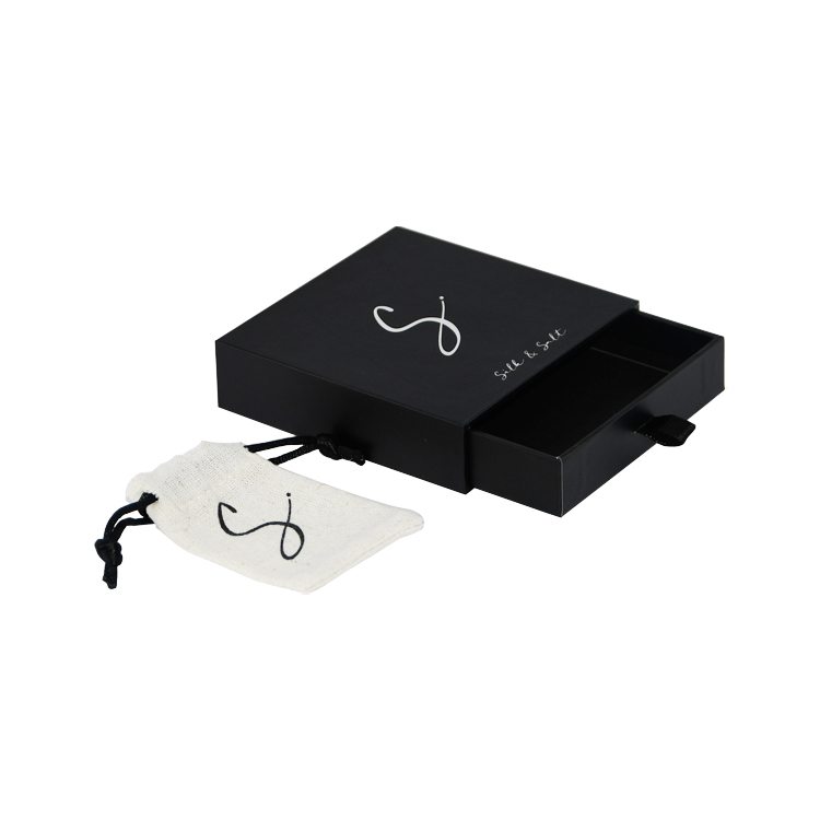 Personalisierte Papierkassette Slider Box für Schmuckverpackungen mit Jutesäcken und Silber Hot Foil Stamping Logo  