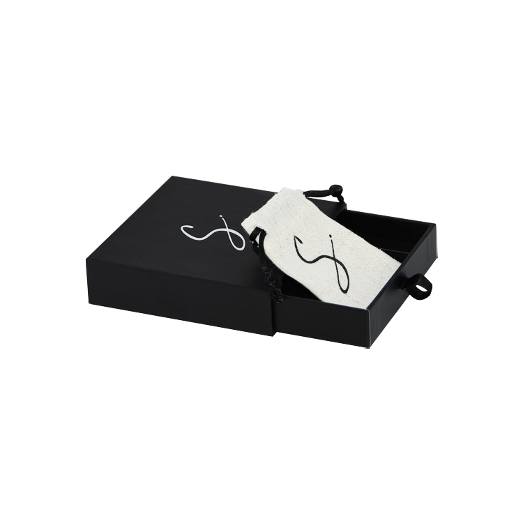 Personalisierte Papierkassette Slider Box für Schmuckverpackungen mit Jutesäcken und Silber Hot Foil Stamping Logo  