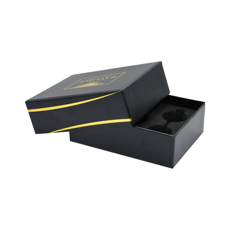 Scatole regalo di lusso personalizzate in carta ruvida nera con supporto in schiuma e logo con stampa a caldo in oro Gold  