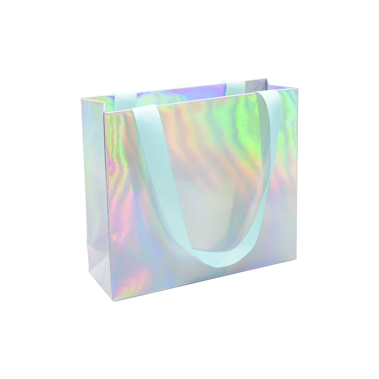 Saco de compras de papel holográfico de luxo personalizado Saco de presente de papel holográfico personalizado para embalagens de varejo de cosméticos