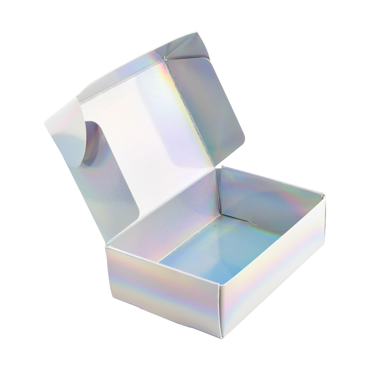 Cajas de embalaje de envío de papel holográfico con tapa plegable personalizada Cajas de embalaje de cartón de papel iridiscente Caja de envío postal