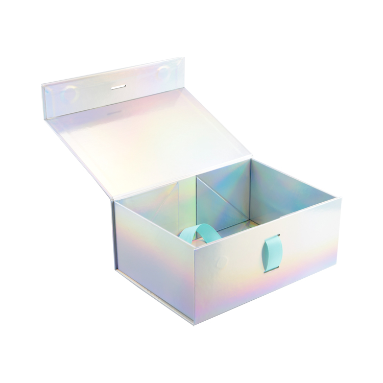 Luxury Handmade Holographic Collapsible Magnetic Gift Box Rainbow A5 Deep Gift Boxes with Silk Ribbon  