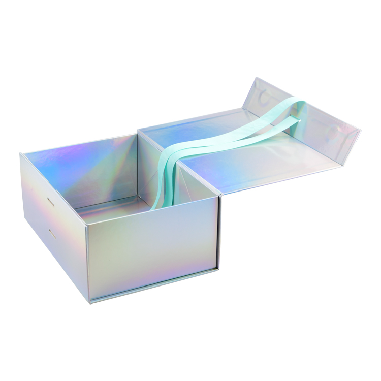 Luxury Handmade Holographic Collapsible Magnetic Gift Box Rainbow A5 Deep Gift Boxes with Silk Ribbon  