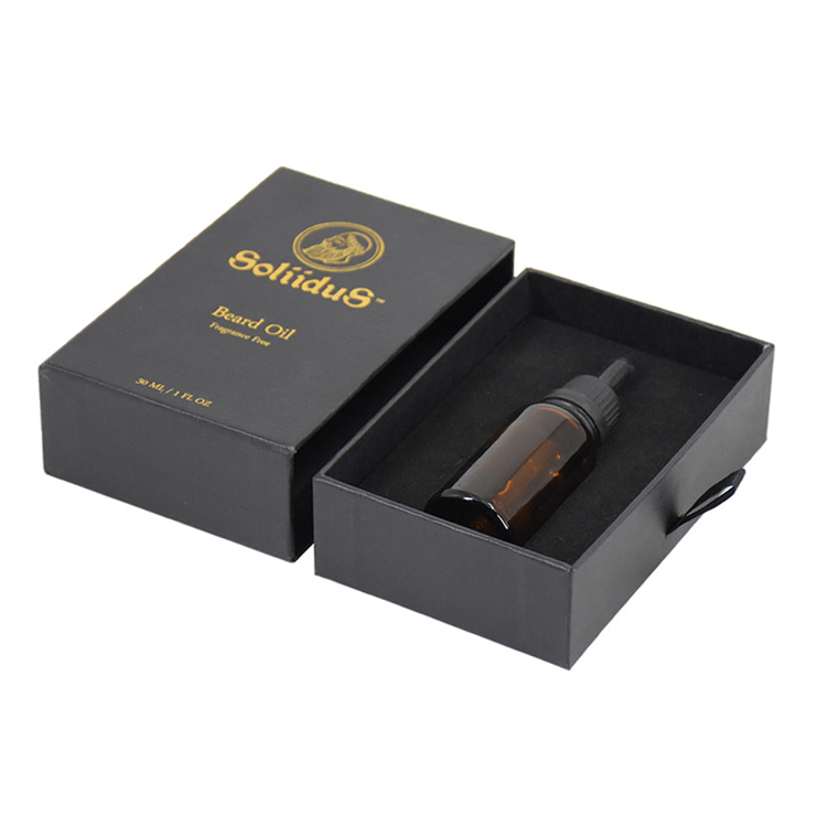 Confezione regalo con cassetto scorrevole in carta nera opaca personalizzata per flacone CBD da 30 ml con supporto in schiuma EVA