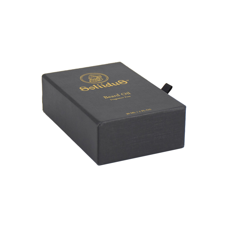 Confezione regalo con cassetto scorrevole in carta nera opaca personalizzata per flacone CBD da 30 ml con supporto in schiuma EVA  