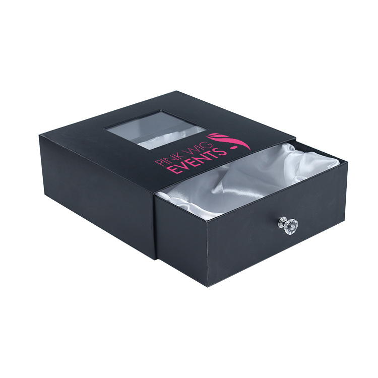 Pelucas forradas de satén Caja de embalaje Caja de regalo con cajón de extensión de cabello virgen humano con perilla de diamante y ventana transparente