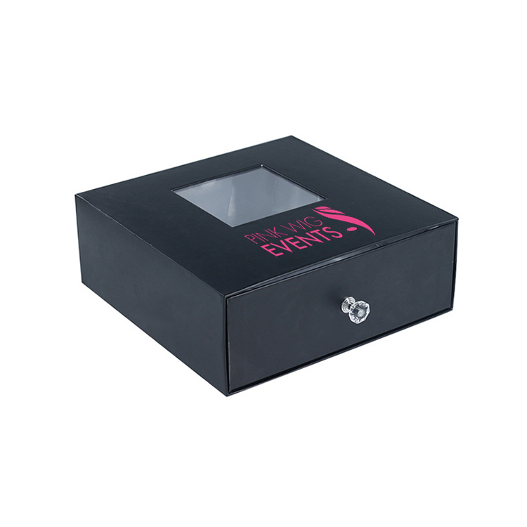  Satingefütterte Perücken-Verpackungsbox Echthaarverlängerung Schublade Geschenkbox mit Diamantknopf und klarem Fenster  