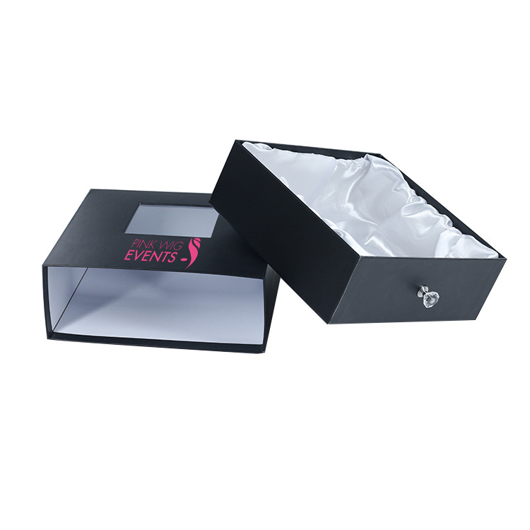 Boîte d'emballage de perruques doublées de satin Boîte-cadeau de tiroir d'extension de cheveux vierges humains avec bouton en diamant et fenêtre transparente  