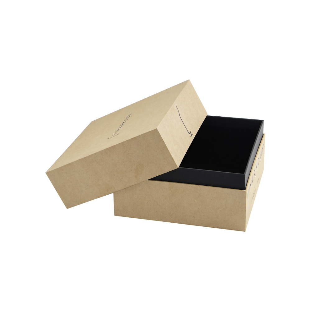 Teleskop-Geschenkboxen aus natürlichem Kraftpapier für Weinverpackungen mit schwarzem Heißfolienprägelogo auf der Oberfläche  
