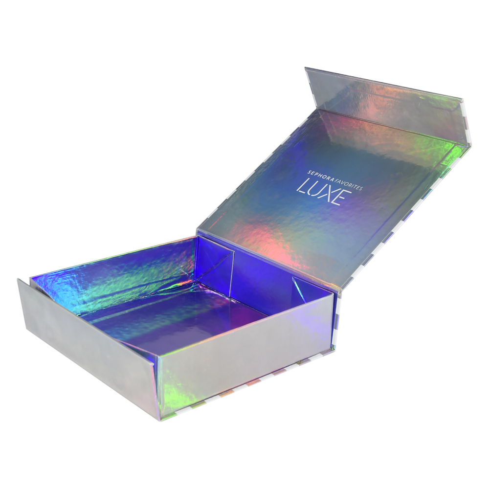  Hottest Glossy Holographic Collapsible Magnetic Lid Gift Boxes for Sephora Products Packaging in Rainbow Color  