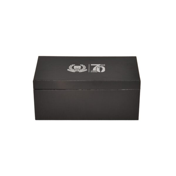 Black Custom Cardboard Clamshell Gift Box for Anniversary Souvenir Packaging with Silver Hot Foil Stamping Logo