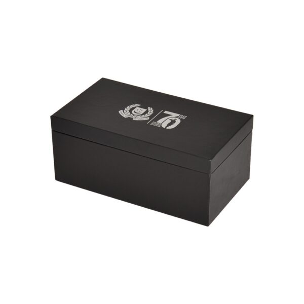 Black Custom Cardboard Clamshell Gift Box for Anniversary Souvenir Packaging with Silver Hot Foil Stamping Logo