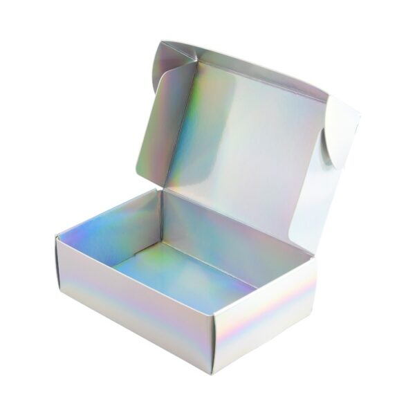Custom Tuck Top Holographic Paper Mailing Packaging Boxes Iridescent Paper Cardboard Shipping Mailer Box