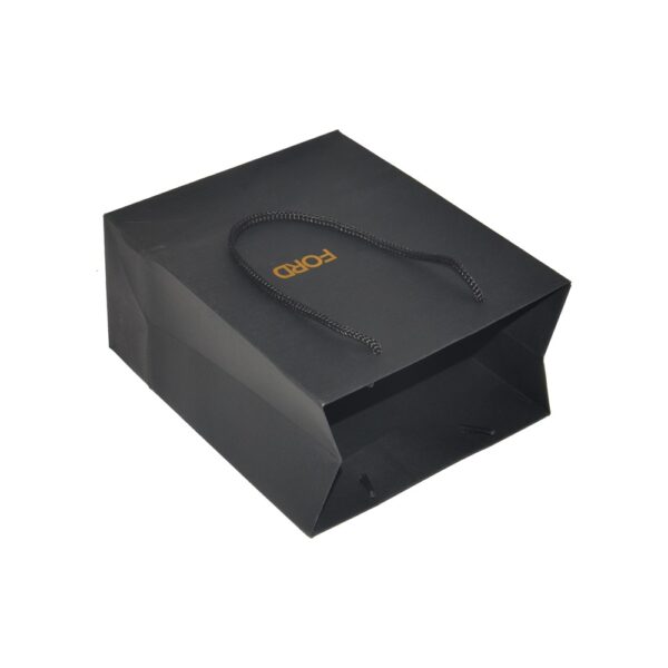 Customized Matte Black Cardboard Gift Bags for Retail Shopping with Rope Handle and Gold Hot Foil Stamping Logo
