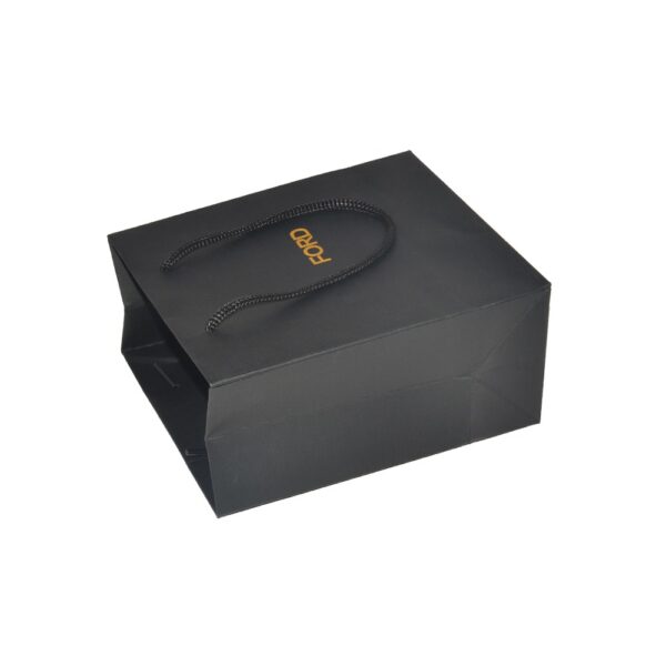 Customized Matte Black Cardboard Gift Bags for Retail Shopping with Rope Handle and Gold Hot Foil Stamping Logo
