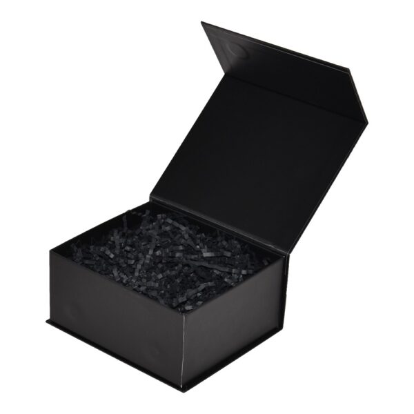 Elegant Matte Black Rigid Magnetic Closure Gift Box with Shredded Tissue Paper Holder for Cosmetics Packaging