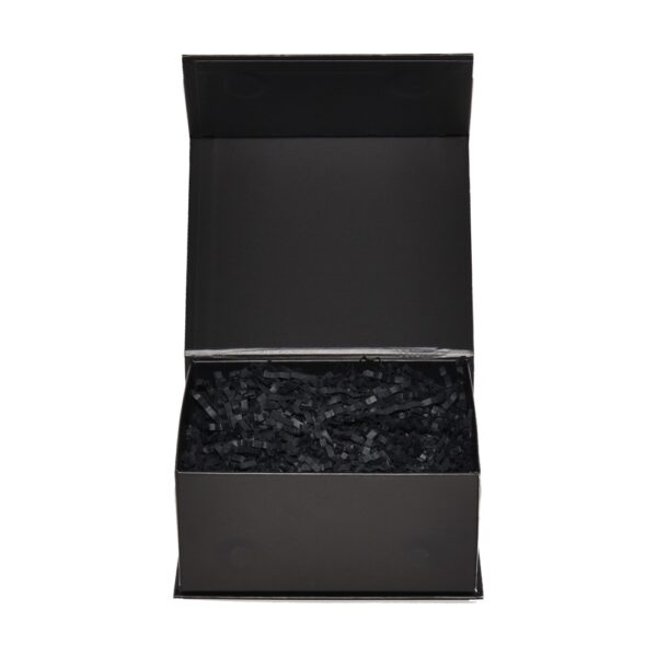 Elegant Matte Black Rigid Magnetic Closure Gift Box with Shredded Tissue Paper Holder for Cosmetics Packaging