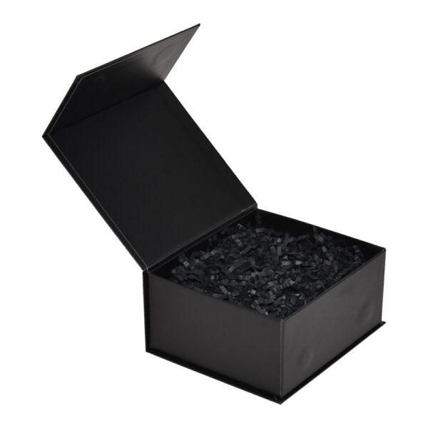 Elegant Matte Black Rigid Magnetic Closure Gift Box with Shredded Tissue Paper Holder for Cosmetics Packaging