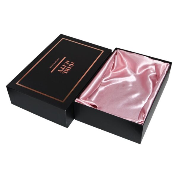 Lid and Base Gift Box with Satin Holder and Rose Gold Hot Foil Stamping Logo for Lingerie Packaging