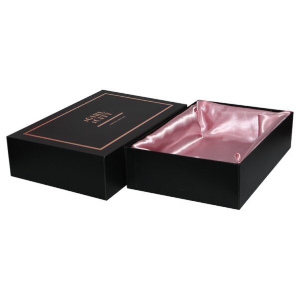 Lid and Base Gift Box with Satin Holder and Rose Gold Hot Foil Stamping Logo for Lingerie Packaging