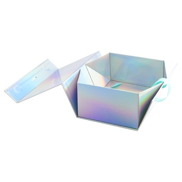 Luxury Handmade Holographic Collapsible Magnetic Gift Box Rainbow A5 Deep Gift Boxes with Silk Ribbon