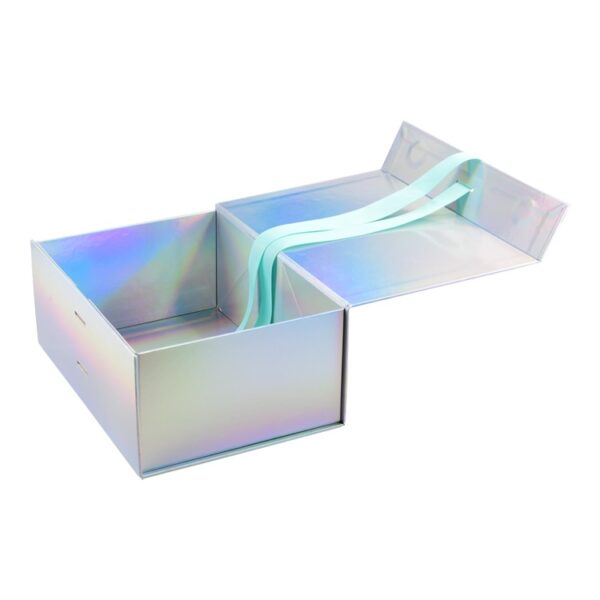 Luxury Handmade Holographic Collapsible Magnetic Gift Box Rainbow A5 Deep Gift Boxes with Silk Ribbon